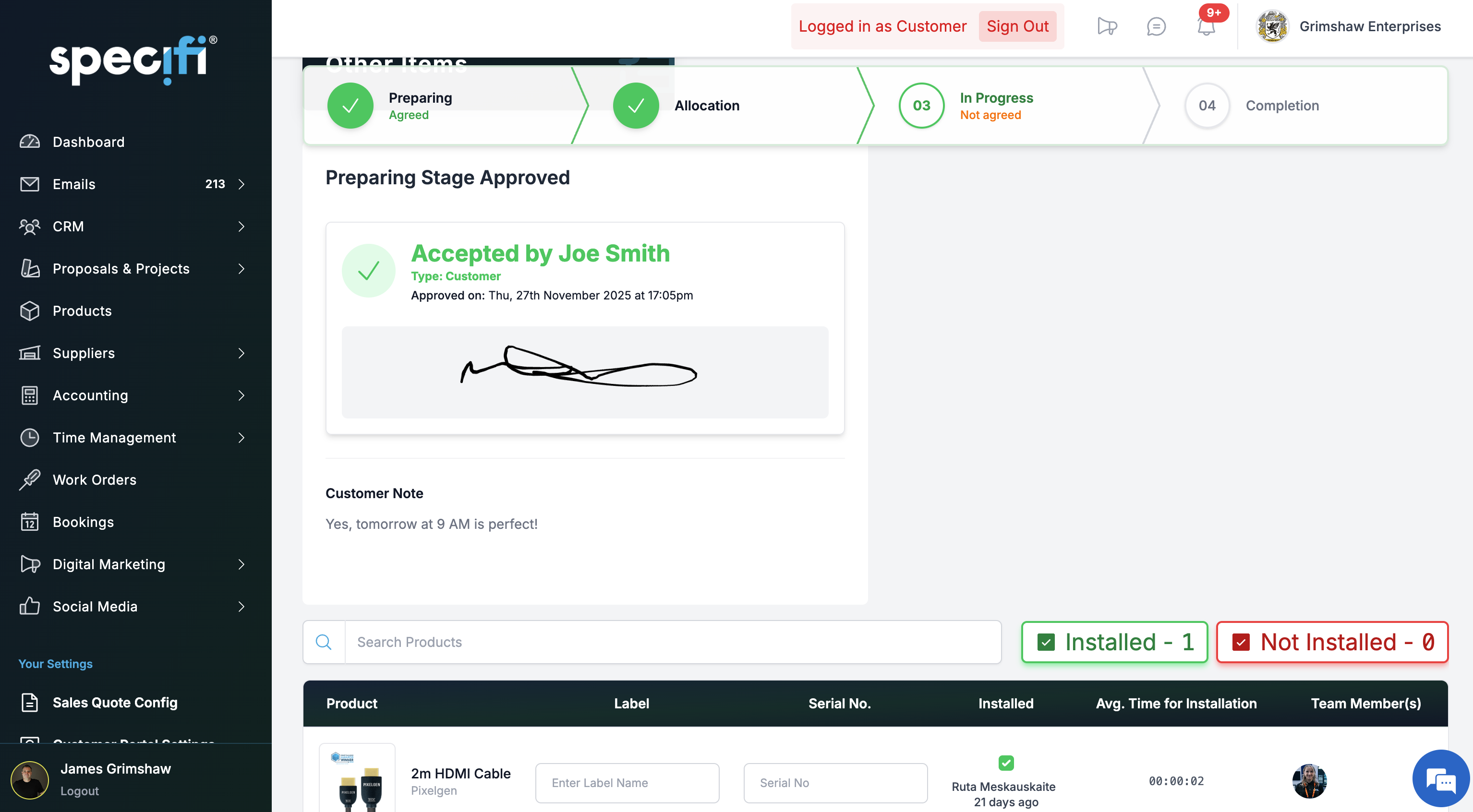 Specifi work order materials view with allocated stock, pick list, and on-site usage logging