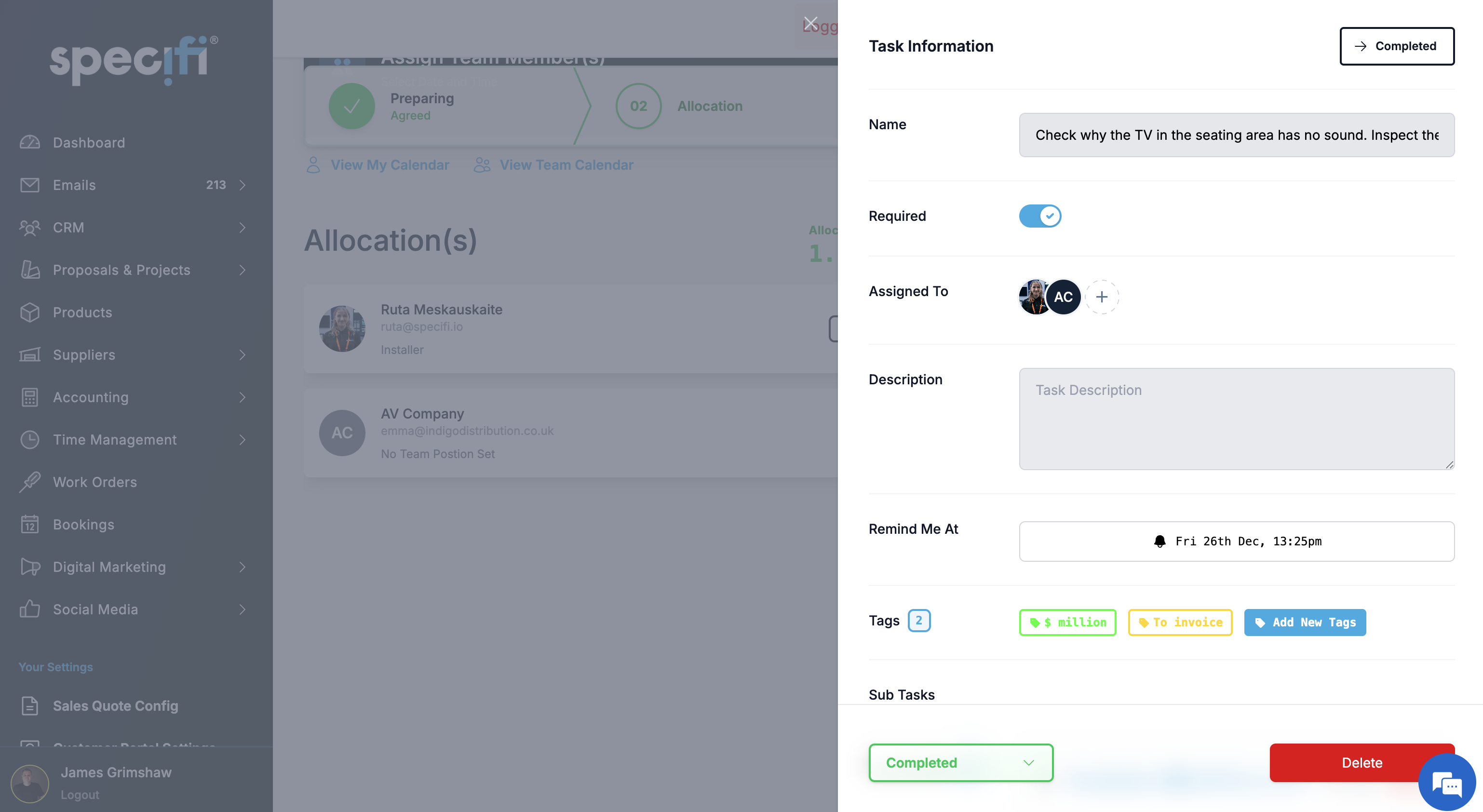 Specifi work order on-site capture: customer e-signature, before-and-after photos, and change requests against the line items