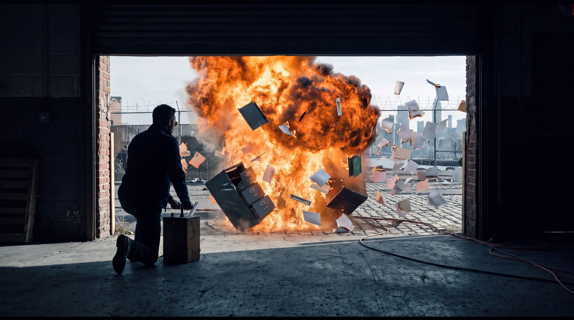 The integrator kneels at the plunger as the cabinet explodes beyond the warehouse door