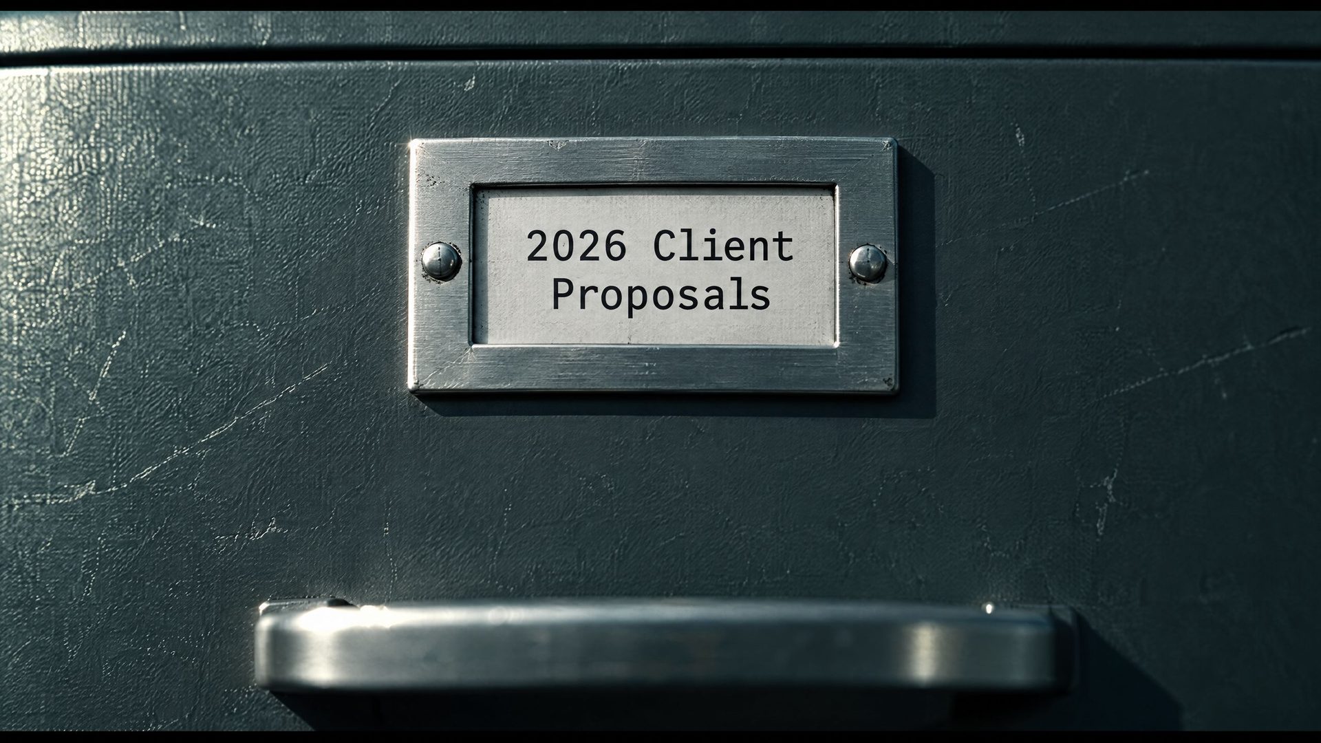 A brass drawer label reading 2026 Client Proposals
