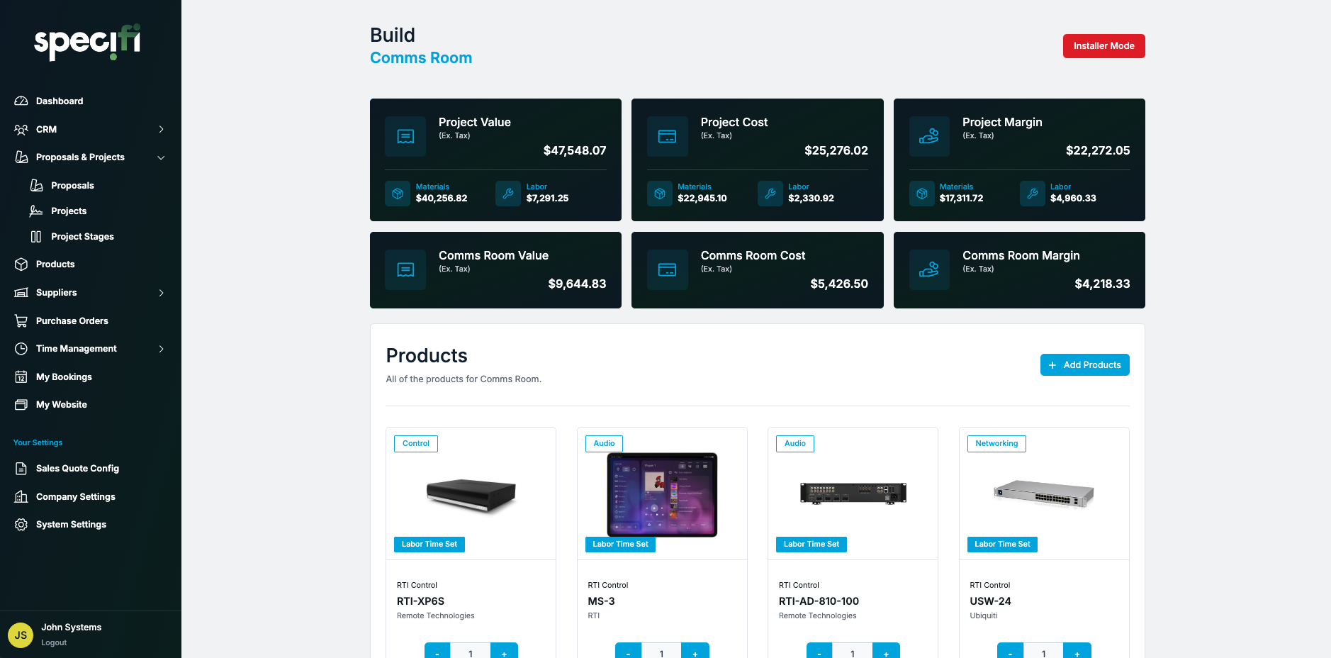 Screenshot of Specifi Dashboard